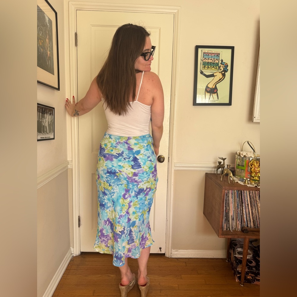 Y2K Vintage Blue Floral Watercolor Slip Style Skirt - Picture 3 of 8